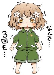 10s 1girl blood blush brown_hair chibi bad_tag female_focus flower hair_flower hair_ornament hanasaku_iroha matsumae_ohana nosebleed sassa_(bavy5) sassa_(onion) solo tears trembling