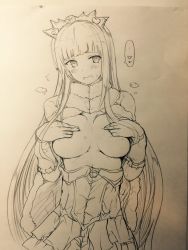 Rule 34 | 1girl, blunt bangs, breasts, covered erect nipples, covering nipples, covering privates, embarrassed, fate/grand order, fate (series), gloves, graphite (medium), highres, long hair, medb (fate), medium breasts, monochrome, naoyama masaru, solo, tiara, traditional media, very long hair