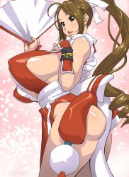 Rule 34 | 1girl, ass, breasts, brown hair, fatal fury, highres, huge ass, huge breasts, kotoyoshi yumisuke, looking at viewer, shiranui mai, sideboob, solo, the king of fighters, thick lips, thick thighs, thighs
