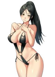 Rule 34 | 1girl, bare arms, bare shoulders, black hair, black one-piece swimsuit, breasts, brown eyes, cleavage, commentary request, dead or alive, hands on own chest, head tilt, highres, kurone rinka, large breasts, lips, looking at viewer, momiji (ninja gaiden), ninja gaiden, o-ring, o-ring swimsuit, one-piece swimsuit, parted bangs, parted lips, ponytail, shiny clothes, shiny skin, simple background, smile, solo, swimsuit, tecmo, thighs, white background