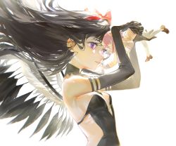 Rule 34 | 2girls, akemi homura, akuma homura, baifeidaiwang, bare shoulders, black dress, black gloves, black hair, black skirt, brown footwear, chinese commentary, commentary request, cutout above navel, dress, elbow gloves, eye contact, from side, giant, giantess, gloves, hairband, highres, kaname madoka, lifting person, long hair, looking at another, mahou shoujo madoka magica, mahou shoujo madoka magica: hangyaku no monogatari, multiple girls, open mouth, pantyhose, parted lips, pink eyes, pink hair, purple eyes, red hairband, school uniform, shoes, short hair, simple background, size difference, skirt, upper body, white background, white legwear, wings