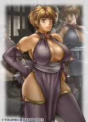 Rule 34 | 00s, 1girl, 2003, 3boys, artist name, breasts, cleavage cutout, closed eyes, clothing cutout, halterneck, hand on own hip, highres, large breasts, looking at viewer, multiple boys, no bra, phaia, revealing clothes, short hair, spunky knight, thighhighs, youhei kozou