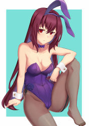 Rule 34 | 1girl, animal ears, blush, bow, bowtie, breasts, collarbone, covered navel, detached collar, fake animal ears, fate/grand order, fate (series), flower, large breasts, leg up, leotard, long hair, looking at viewer, mo shi, official alternate costume, pantyhose, playboy bunny, purple flower, purple hair, purple rose, rabbit ears, red eyes, rose, scathach (fate), scathach (piercing bunny) (fate), seamed legwear, solo, strapless, strapless leotard, toes, two-tone background, wrist cuffs