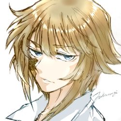 Rule 34 | 1boy, blue eyes, chain chronicle, erich (chain chronicle), hair between eyes, jinkoshi itori, jitome, looking at viewer, male focus, parted lips, portrait, scar, scar on face, shirt, short hair, sidelocks, signature, simple background, solo, white background, white shirt
