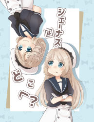 Rule 34 | 2girls, absurdres, ane hoshimaru, blonde hair, blue eyes, blue sailor collar, commentary request, cover, crossed arms, dress, gloves, hat, highres, janus (kancolle), jervis (kancolle), kantai collection, matching outfits, multiple girls, pout, sailor collar, sailor dress, sailor hat, short hair, translation request, upside-down, white dress, white gloves, white headwear