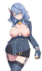 Rule 34 | 1girl, absurdres, ako (blue archive), bell, black gloves, black skirt, blue archive, blue coat, blue eyes, blue hair, blue hairband, blue thighhighs, blush, breasts, breasts out, coat, cowbell, cowboy shot, cup, drinking glass, garter straps, gloves, hair between eyes, hairband, half gloves, heart, heart-shaped pupils, highres, holding, holding cup, large breasts, long hair, long sleeves, miniskirt, neck bell, nipples, shot glass, simple background, skirt, smile, solo, standing, symbol-shaped pupils, thighhighs, white background, whitek