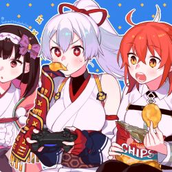 Rule 34 | 3girls, ahoge, bare shoulders, black hair, bow, breasts, chaldea uniform, chips (food), controller, eating, fate/grand order, fate (series), food, fujimaru ritsuka (female), game controller, hair between eyes, hair bow, hair ornament, hair ribbon, hairband, holding, jacket, japanese clothes, large breasts, long hair, long sleeves, multiple girls, open mouth, orange hair, osakabehime (fate), ponytail, red eyes, ribbon, sara (kurome1127), silver hair, tomoe gozen (fate)