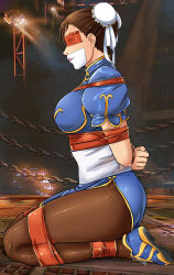 Rule 34 | 1girl, arms behind back, ass, bdsm, blindfold, bondage, bound, bound ankles, bound arms, bound legs, bound wrists, breasts, brown eyes, brown hair, bun cover, capcom, chain, chinese clothes, chun-li, double bun, from side, gag, gagged, hair bun, highres, improvised gag, kneeling, large breasts, leggings, legs, long legs, lost one zero, seiza, shoes, short hair, sitting, street fighter, sweat, tape, tape bondage, tape gag, taped eyes