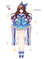 Rule 34 | 1girl, blue bow, blue dress, blue eyes, blue footwear, blue nails, bow, brown hair, bug, butterfly, butterfly wings, character name, closed mouth, detached sleeves, dress, food, frills, fruit, full body, hair between eyes, insect, insect wings, kyouda suzuka, long hair, long sleeves, looking at viewer, nail polish, original, shoes, simple background, smile, socks, solo, standing, strawberry, triangle, white background, white sleeves, white socks, wide sleeves, wings