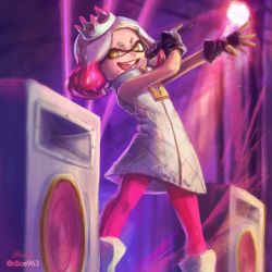 Rule 34 | + +, :d, bare arms, commentary, cowboy shot, crown, dicesms, dress, fingerless gloves, from side, gloves, hands up, highres, holding, holding microphone, inkling, leggings, looking at viewer, microphone, mole, mole under mouth, multicolored hair, music, nintendo, open mouth, orange eyes, outstretched arm, pantyhose, pearl (splatoon), pink hair, pink pantyhose, pink theme, pinky out, short dress, singing, sleeveless, sleeveless dress, smile, solo, speaker, splatoon (series), splatoon 2, stage, stage lights, standing, stephanie sybydlo, tentacle hair, white hair, zipper, zipper pull tab