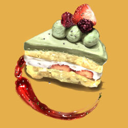 Rule 34 | cake, cake slice, food, food focus, fruit, no humans, original, raspberry, shadow, simple background, still life, strawberry, strawberry slice, tsukimi tsumugu, yellow background