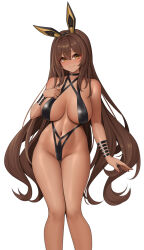 Rule 34 | 1girl, alternate costume, animal ears, bare shoulders, blush, breasts, brown eyes, brown hair, cleavage, closed mouth, dark-skinned female, dark skin, fake animal ears, feet out of frame, goddess of victory: nikke, highleg, highres, large breasts, long hair, looking at viewer, navel, noir (nikke), rabbit ears, sideboob, simple background, smile, solo, standing, thigh gap, thighs, wei xiao, white background