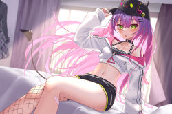 Rule 34 | 1girl, :o, bandaid, bandaid on leg, black choker, black hat, black shorts, blush, breasts, choker, cleavage, curtains, demon tail, ear piercing, fingernails, fishnet thighhighs, fishnets, green eyes, hat, hololive, indoors, jacket, long hair, midriff, multicolored hair, nail polish, navel, on bed, open mouth, piercing, pink hair, pink nails, purple hair, shorts, sitting, small breasts, solo, tail, thighhighs, tokoyami towa, two-tone hair, virtual youtuber, white jacket, window, z.m. (zimin)