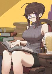 Rule 34 | 1girl, ahoge, beer mug, black shorts, book, book stack, borrowed character, braid, braided bun, breasts, brown hair, chair, commentary, commission, condensation, cup, english commentary, expressionless, feet out of frame, glasses, hair bun, half updo, highres, jewelry, jun (navigavi), large breasts, looking at viewer, medium hair, mug, open book, original, parted lips, pendant, purple eyes, ribbed sweater, semi-rimless eyewear, short shorts, shorts, sidelocks, signature, simple background, single hair bun, sitting, skeb commission, sleeveless, sleeveless sweater, sleeveless turtleneck, solo, sweater, thighs, turtleneck, turtleneck sweater, yellow background