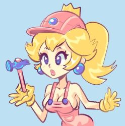 Rule 34 | 1girl, alternate costume, bare arms, bare shoulders, blonde hair, blue eyes, breasts, cleavage, collarbone, crown, earrings, eyelashes, gloves, hammer, hard hat, helmet, holding, jewelry, lips, long hair, lowres, mario (series), medium breasts, naked overalls, nintendo, no bra, overalls, parted lips, pink headwear, pink lips, pink overalls, pocket, ponytail, princess, princess peach, sideboob, simple background, solo, super mario bros. 1, super mario maker, supersatanson, taut clothes, upper body, white background, yellow gloves