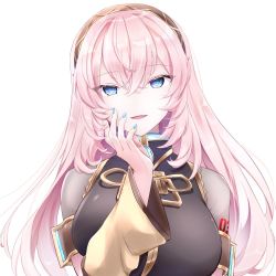 Rule 34 | 1girl, aqua nails, arm warmers, armband, black shirt, blouse, blue eyes, breasts, commentary, gold trim, hairband, hand on own face, hand up, kkr rkgk, large breasts, long hair, looking at viewer, megurine luka, nail polish, open mouth, pink hair, see-through, see-through sleeves, shirt, short sleeves, smile, solo, upper body, vocaloid, white background