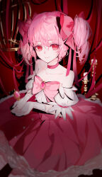 Rule 34 | 1girl, absurdres, bare shoulders, ginja, gloves, highres, kaname madoka, looking at viewer, mahou shoujo madoka magica, mahou shoujo madoka magica: walpurgis no kaiten, pink hair, short twintails, smile, solo, soul gem, twintails, white gloves