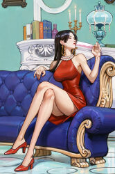 Rule 34 | 1girl, adelheid (moschiola), arm rest, bare legs, bare shoulders, bead necklace, beads, black hair, boa hancock, book, breasts, candle, candlestand, closed eyes, closed mouth, commentary, couch, crossed legs, cup, dress, drink, drinking, drinking glass, earrings, english commentary, eyelashes, facing to the side, fire, fireworks, hair over shoulder, hands up, high heels, highres, holding, holding cup, indoors, jewelry, lamp, lipstick, long hair, makeup, nail polish, necklace, one piece, parted bangs, picture frame, red dress, red footwear, red lips, red nails, short dress, side slit, sidelocks, sitting, sleeveless, sleeveless dress, solo, straight hair, tight clothes, tight dress