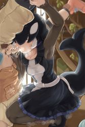 Rule 34 | 1boy, 1girl, arm up, belt, between legs, black hair, breast pocket, brown eyes, captain (kemono friends), cargo shorts, cetacean tail, collarbone, commentary request, cum, cum in mouth, day, dorsal fin, dress, fellatio, femdom, fins, fish tail, forced, frilled dress, frills, girl on top, grabbing, hair over one eye, hetero, highres, indoors, kemono friends, kemono friends 3, long sleeves, looking at another, male pubic hair, mary janes, medium hair, multicolored hair, okyao, oral, orca (kemono friends), cum overflow, parted bangs, penis, penis grab, pocket, pubic hair, purple hair, rape, shirt, shoes, short dress, short sleeves, shorts, sitting, sitting on face, sitting on person, smell, solo focus, squatting, stomach, sweat, tail, testicle grab, testicles, trembling, twisted torso, upside-down, white hair, window