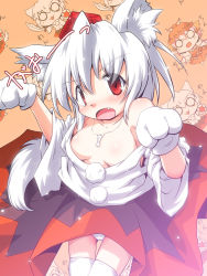 Rule 34 | 2girls, animal ears, animal hands, bone, breasts, chibi, cleavage, detached sleeves, fang, female focus, futatsuki hisame, hat, highres, inubashiri momiji, jewelry, leaf, maple leaf, multiple girls, mystia lorelei, necklace, off shoulder, open clothes, open shirt, panties, paw pose, pink hair, red eyes, shield, shirt, short hair, sword, tail, thigh gap, thighhighs, thighs, tokin hat, touhou, underwear, weapon, white hair, white panties, white thighhighs, wings, wolf ears, wolf tail