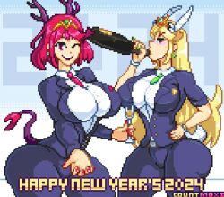 Rule 34 | 2024, 2girls, alcohol, alternate costume, blonde hair, breasts, chinese zodiac, coat, countmoxi, cup, drinking glass, drunk, english text, glass, glass bottle, gradient background, hand on own hip, horns, huge breasts, long hair, looking at viewer, multiple girls, mythra (xenoblade), nails, necktie, one eye closed, open mouth, pixel art, pyra (xenoblade), red eyes, short hair, smile, tail, teeth, upper teeth only, wine glass, xenoblade chronicles (series), xenoblade chronicles 2, yellow eyes