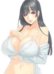 Rule 34 | 1girl, black hair, bra, breast suppress, breasts, cleavage, damegane, highres, large breasts, lips, long hair, looking at viewer, navel, off shoulder, original, parted lips, purple eyes, simple background, solo, underwear, white background, white bra