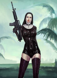 Rule 34 | 1girl, black thighhighs, blue eyes, bodysuit, boots, breasts, cross-laced footwear, female focus, gloves, gradient background, gun, habit, hitman (game), lace-up boots, large breasts, latex, latex gloves, lipstick, makeup, nun, rifle, skin tight, solo, thigh boots, thighhighs, w4, weapon
