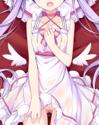 Rule 34 | 1girl, :o, amemiya ruki, angel wings, bare shoulders, censored, choker, close-up, clothes lift, collarbone, dakimakura (medium), detached wings, dress, dress lift, flat chest, frilled dress, frills, hand on own chest, head out of frame, highres, long hair, mini wings, mosaic censoring, new game!, nipples, no panties, open mouth, purple hair, pussy, pussy juice, see-through, solo, suzukaze aoba, twintails, white dress, wings