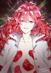 Rule 34 | androgynous, artist name, collarbone, collared shirt, crystal hair, dated, gem, gender request, hair between eyes, highres, houseki no kuni, kurono yuu, long hair, looking at viewer, open clothes, open shirt, padparadscha (houseki no kuni), red eyes, red hair, shirt, smile, sparkle, teeth, upper body, white shirt