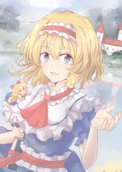 Rule 34 | 1girl, acoco, alice margatroid, arm up, ascot, blonde hair, blue dress, blue eyes, book, bow, building, capelet, day, dress, dutch angle, forest, grimoire of alice, hair between eyes, hair bow, hairband, highres, lake, lolita hairband, long hair, looking at viewer, nature, open mouth, outdoors, puffy short sleeves, puffy sleeves, red ascot, sash, shanghai doll, short hair, short sleeves, smile, solo, touhou