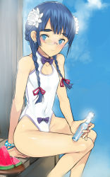 Rule 34 | 1boy, blue eyes, blue hair, blush, bottle, bracelet, braid, bulge, coin rand, earrings, flower, food, fruit, glasses, hair flower, hair ornament, highres, jewelry, looking at viewer, male focus, matching hair/eyes, one-piece swimsuit, original, ramune, sitting, solo, swimsuit, trap, twin braids, twintails, waon (rand), watermelon