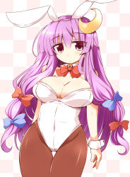 Rule 34 | 1girl, alternate costume, animal ears, bow, bowtie, breasts, brown pantyhose, checkered background, cleavage, crescent, crescent hair ornament, detached collar, fake animal ears, hair bow, hair ornament, highres, large breasts, leotard, long hair, looking at viewer, pantyhose, patchouli knowledge, playboy bunny, purple eyes, purple hair, shirogane (platinum), solo, touhou, wrist cuffs