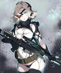 Rule 34 | 1girl, alternate universe, belt, black gloves, black panties, black thighhighs, blue eyes, breasts, cameltoe, cleavage cutout, clothing cutout, cosplay, covered erect nipples, cowboy shot, eyepatch, facepaint, facial mark, fingerless gloves, forehead mark, forehead writing, gloves, glowing, gun, headset, highres, holding, holding gun, holding weapon, kagetomo midori, lipstick, looking at viewer, makeup, medium breasts, metal gear (series), metal gear solid v: ground zeroes, metal gear solid v: the phantom pain, navel, navel cutout, pale skin, panties, paz ortega andrade, rifle, scar, short hair, signature, solo, thighhighs, trigger discipline, underwear, weapon, white hair