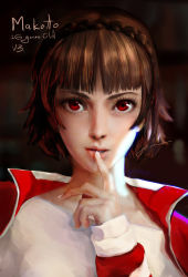 Rule 34 | 1girl, artist request, braid, brown hair, finger to mouth, highres, man ichi, niijima makoto, open mouth, parted lips, persona, persona 5, realistic, red eyes, school uniform, shirt, sportswear, track suit, white shirt