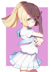 Rule 34 | 1girl, blonde hair, commentary request, creatures (company), from side, game freak, green eyes, highres, lillie (pokemon), long hair, looking to the side, nintendo, pokemon, pokemon sm, ponytail, purple background, shamonabe, shirt, short sleeves, simple background, skirt, solo, white shirt, white skirt
