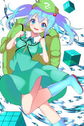 Rule 34 | 1girl, absurdres, bag, blue eyes, blue footwear, blue hair, blush, breasts, commentary request, dot nose, dress, eyelashes, frilled dress, frills, green headwear, green shirt, green skirt, hair bobbles, hair ornament, highres, ino cent, kawashiro nitori, key, large breasts, looking at viewer, open mouth, puffy short sleeves, puffy sleeves, shirt, short hair, short sleeves, sidelocks, simple background, skirt, smile, solo, standing, standing on one leg, thighs, touhou, white background