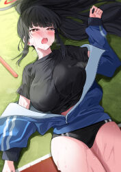 Rule 34 | 1girl, absurdres, alternate costume, black hair, black shirt, blue archive, blunt bangs, blush, breasts, bright pupils, buruma, gym uniform, halo, highres, jacket, large breasts, long hair, long sleeves, lying, on back, open mouth, partially unzipped, red eyes, rio (blue archive), shirt, solo, sweat, thighs, track jacket, very long hair, wood, yuki (asayuki101), yuuka (blue archive), yuuka (track) (blue archive)