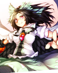 Rule 34 | 1girl, arm cannon, black hair, bow, breasts, cape, feathers, female focus, hair bow, kazetto, large breasts, long hair, red eyes, reiuji utsuho, smile, solo, third eye, touhou, weapon, wings