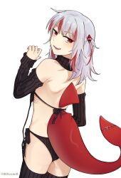 Rule 34 | absurdres, back, bare shoulders, black panties, black sweater, black thighhighs, commentary, detached sleeves, english commentary, fins, fish tail, gawr gura, gills, grey hair, hair ornament, highres, hololive, hololive english, long hair, looking at viewer, meme attire, mittsu, multicolored hair, open mouth, panties, red eyes, red hair, reflect (gawr gura), shark girl, shark tail, sharp teeth, simple background, sleeveless, sleeveless sweater, smile, streaked hair, sweater, tail, teeth, thighhighs, turtleneck, turtleneck sweater, twitter username, underwear, virgin destroyer sweater, virtual youtuber, white background