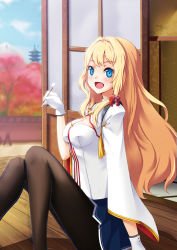 Rule 34 | 1girl, :d, architecture, arm up, black pantyhose, blonde hair, blue eyes, blue skirt, blush, breasts, cleavage, cleavage cutout, clothing cutout, day, east asian architecture, gloves, hair ribbon, highres, holding, knees up, kongou (warship girls r), long hair, long sleeves, looking at viewer, medium breasts, mikoto (mio), mimikaki, mountain, open mouth, outdoors, pantyhose, pleated skirt, red ribbon, ribbon, sitting, skirt, smile, solo, tassel, tree, warship girls r, white gloves