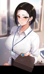 Rule 34 | 1girl, black hair, blush, box, box of chocolates, breasts, closed mouth, collared shirt, commentary request, gift, giving, highres, holding, holding gift, id card, indoors, infinote, lanyard, large breasts, long sleeves, looking at viewer, original, shirt, short hair, smile, solo, watermark, white shirt, yashiki yuuko (infinote), yellow eyes