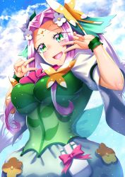 Rule 34 | 1girl, absurdres, blue sky, blush, breasts, butterfly hair ornament, choker, cloud, cloudy sky, cure felice, curecycadura, day, double v, dress, flower, flower in eye, forehead, from below, green choker, green dress, hair flower, hair ornament, hanami kotoha, highres, large breasts, long hair, looking at viewer, looking down, magical girl, mahou girls precure!, open mouth, outdoors, precure, puffy sleeves, purple hair, sky, smile, solo, symbol in eye, tiara, v, wide sleeves