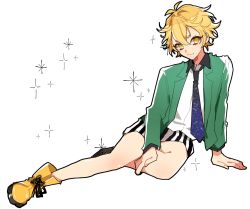 Rule 34 | 1boy, arm support, ashikaga hyouta, bishounen series, blonde hair, blue necktie, blush, boots, closed mouth, commentary request, eyelashes, full body, green jacket, highres, jacket, long sleeves, male focus, necktie, oinari-chan, open clothes, open jacket, shirt, short hair, shorts, sitting, smile, solo, sparkle, white background, white shirt, yellow eyes, yellow footwear