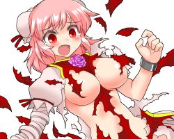 Rule 34 | 1girl, bandages, blush, breasts, bun cover, censored, chain, convenient censoring, cuffs, double bun, exploding clothes, flower, hair bun, ibaraki kasen, large breasts, mono (moiky), open mouth, pink hair, red eyes, rose, short hair, solo, tears, torn clothes, touhou, transparent background