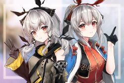 Rule 34 | 2girls, arknights, atychi, bare shoulders, black gloves, black jacket, black sleeves, blurry, blurry background, blush, bow, brown hoodie, closed mouth, commentary request, commission, cropped jacket, depth of field, detached sleeves, dual persona, gloves, grey hair, hair between eyes, hair ornament, half gloves, hand up, highres, hood, hood down, hoodie, index finger raised, jacket, long hair, long sleeves, looking at viewer, multiple girls, open clothes, open jacket, pixiv commission, ponytail, red bow, red eyes, red shirt, shirt, smile, v, weedy (arknights), weedy (candy cape) (arknights), x hair ornament
