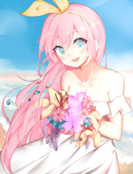 Rule 34 | 1girl, :d, absurdres, bad id, bad pixiv id, bare shoulders, blue eyes, blue sky, blush, bouquet, bow, collarbone, day, dress, fang, flower, hair bow, highres, holding, holding bouquet, joshua (shisanli934), long hair, looking at viewer, open mouth, outdoors, petals, pink flower, pink hair, sky, smile, solo, very long hair, white dress, yellow bow