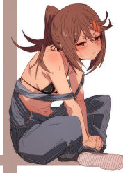 Rule 34 | 1girl, bikini, black bikini, blush, breasts, brown eyes, brown footwear, brown hair, closed mouth, commentary request, from side, fu-ta, highres, looking at viewer, looking to the side, navel, original, overalls, ponytail, shoes, sitting, small breasts, solo, sweat, swimsuit, usami taiga