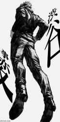 Rule 34 | 1boy, absurdres, facing away, from below, full body, gojou satoru, greyscale, hands on own hips, highres, jacket, jujutsu kaisen, kuwoniagyu11112, long sleeves, male focus, monochrome, pants, shoes, short hair, simple background, solo, spiked hair, translation request, twitter username