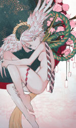 Rule 34 | 1girl, absurdres, bad id, bad pixiv id, branch, breasts, cherry blossoms, closed mouth, commentary request, flower, full body, head wings, highres, looking at viewer, nipples, nude, original, pink eyes, pink flower, rope, shide, shimenawa, short hair, small breasts, solo, toes, watori re, wings