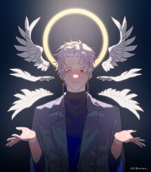 Rule 34 | 1boy, absurdres, black background, black jacket, black shirt, closed mouth, commentary request, detached wings, earrings, feathered wings, frown, glint, halo, halo behind head, highres, jacket, jewelry, korean commentary, male focus, open clothes, open jacket, purple hair, red eyes, saibou shinkyoku, shirt, short hair, so-rann, solo, theodore riddle, upper body, w arms, white wings, wings